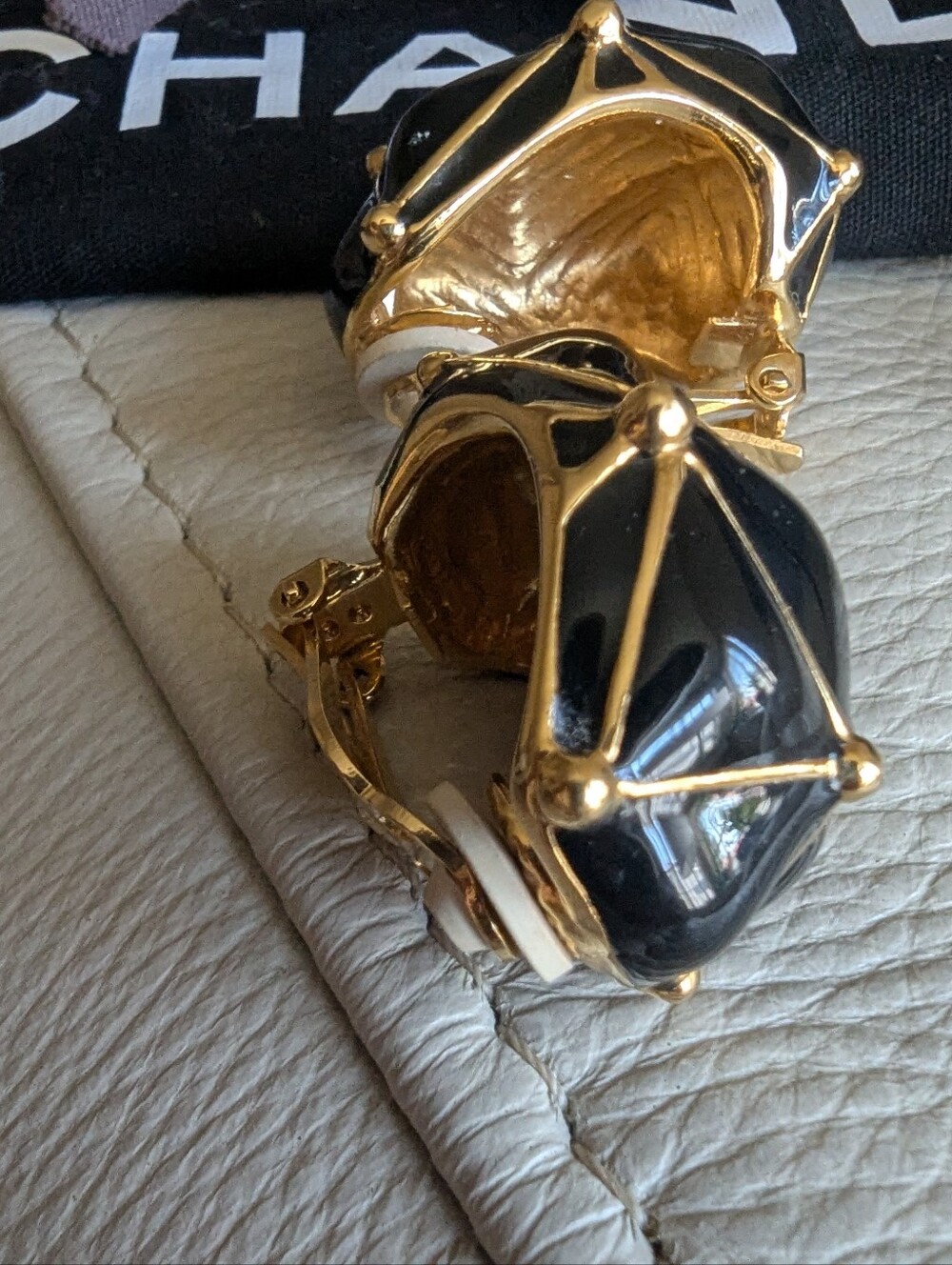 St. John Black and Gold Faceted Clip-On Earrings - Picture 5 of 10